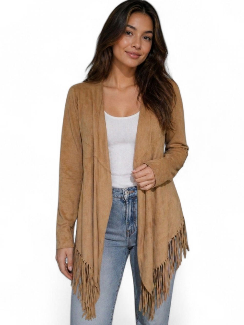 Zara Faux Suede Fringe Cardigan Jacket Western Boho Duster Tan. Size M - Picture 2 of 15